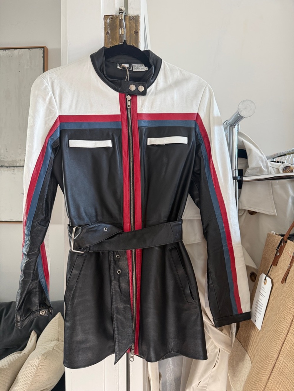 Newport News vintage Leather Belted Moto Jacket  White, Red & Blue Stripes